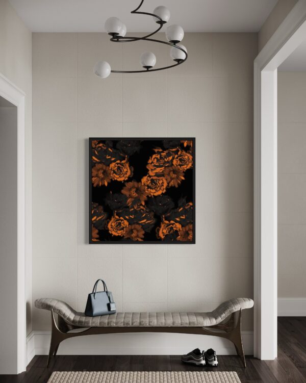 Modern entryway with a framed copper and black floral artwork above a stylish upholstered bench.
