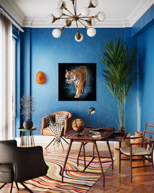 Stylish modern living room with a framed tiger artwork on a blue wall, featuring warm wooden furniture and colorful decor.