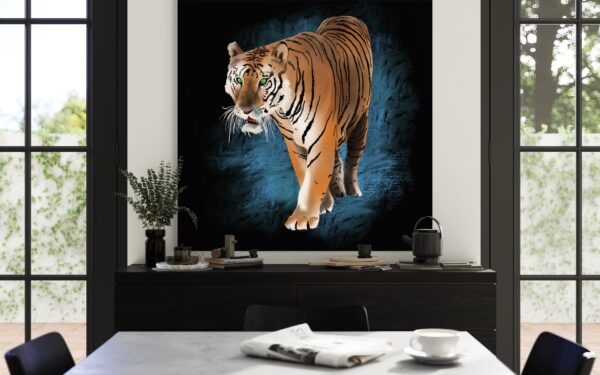 Dining space with a framed tiger artwork on the wall, surrounded by natural light and minimalistic decor.