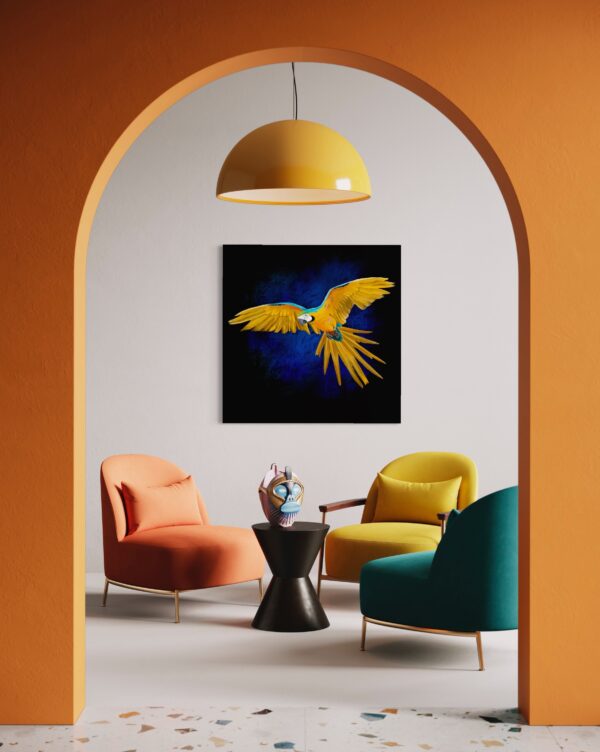 Framed macaw artwork in a modern living space with orange and green chairs, showcasing a yellow and blue macaw.