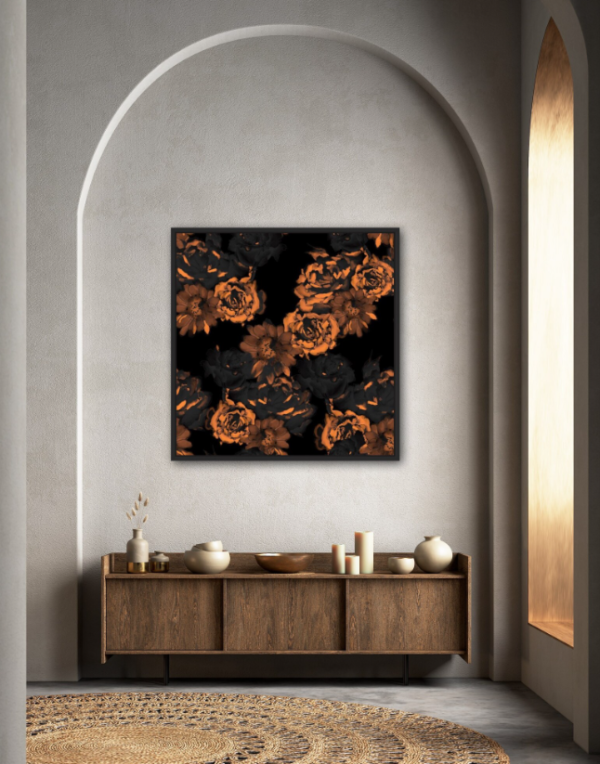 Modern arched room with a framed artwork of copper and black flowers above a minimalist wooden console.