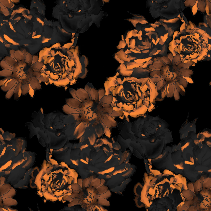 Abstract copper and black floral pattern on a bold black background.