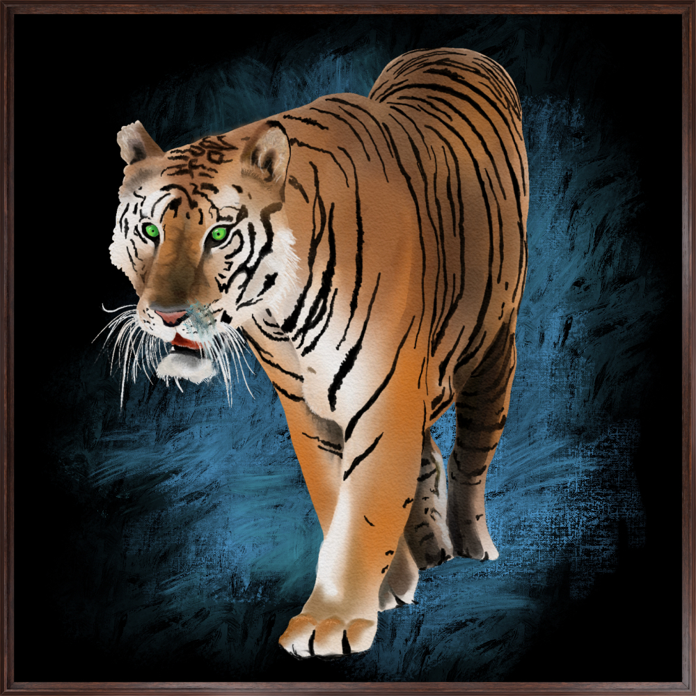 Majestic tiger with green eyes walking forward, set against a deep blue textured background.